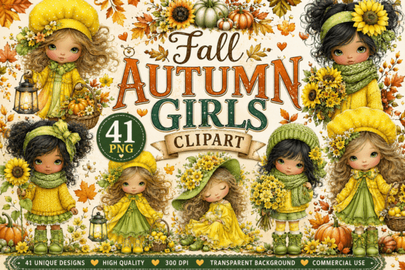 Download Whimsical Fall Autumn Girls Clipart - Fall Collection