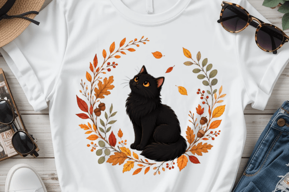 Download Fall Black Cat Autumn Wreath PNG - Fall Collection